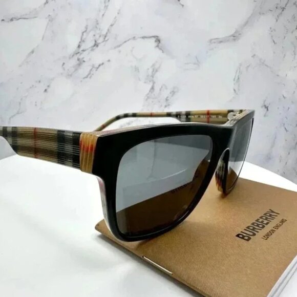 Burberry Sunglasses Black Square Classic Check Arms Brown Red White Authentic main image 8